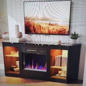 Bestier Modern Electric Fireplace TV Stand for TVs up to 55, with LED and glass shelves, Black Marble MSRP $ 219