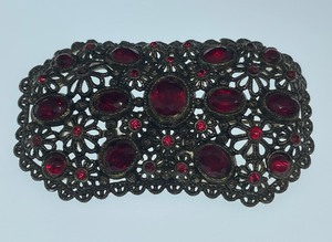 Antique New England Glass Works Large Red Rhinestone Floral Filigree Brooch Pin