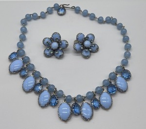 Cabochon Blue Moonstone and Rhinestone Necklace and Earrings