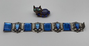 Taxco Sterling and Blue Glass Bracelet and Chinese Cat Brooch Sterling Mesh with Enamel and Turquoise Eyes