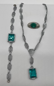 Art Deco Filigree Set Necklace Bracelet Brooch Aqua Stone