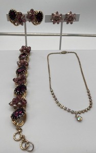 Deep Purple Amethyst and Gold Tone Aurora Borealis Necklace and Clip Set