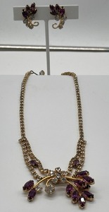 Parco Amethyst Rhinestone Necklace and Clip Set Marked