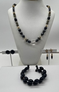 Black Glass Bead and Gold Faceted Necklace with Emmons Drop Earrings and Stretch Bracelet