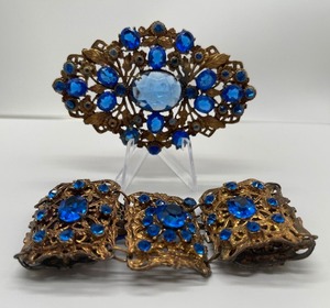 Cobalt Blue Glass Filigree Metalwork Brooch and Bracelet