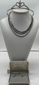 54 Long Silvertone and Clear Rhinestone Chain Necklace with Tiara and Earrings
