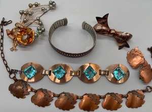 Copper Jewelry Lot Copper Tone and Rhinestones Cuff Bracelet Stamped Copper