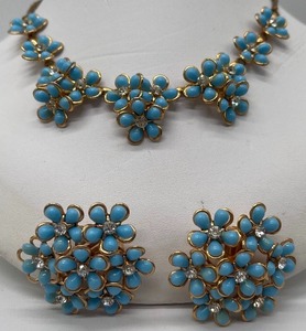 Vintage Sky Blue Plastic Stylized Flower Necklace and Earring Set Gold Tone