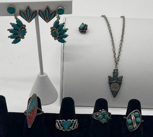 Sterling and Turquoise Jewelry Lot  Arrowhead and Coin Necklace 1939