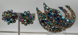 Large Rhinestone Double Layer Crescent Brooch Peacock Aurora Borealis Brooch and Clip Set