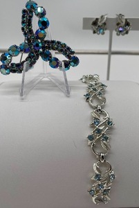 Lisner Bracelet and Earring Set and Blue Aurora Borealis Brooch