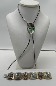 Taxco Mexico Sterling Silver AboloneShell 925 Bracelet and Abalone Bolo