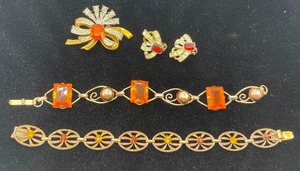 Rhinstone and TopacCitrine Stone Brooch and Earring Set 12K Bracelet
