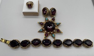 Victorian Revival Amethyst Chunky Chunky Bracelet and Earring Set and Florenza Brooch and Ring