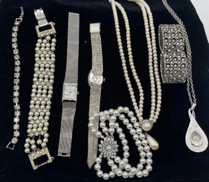 Silver tone and Rhinestone Jewelry and Watch Lot Sheffield Peek a Boo Watch Timex Watch