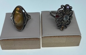 Two Sterling Silver Rings Blister Pearl and Multi Color Rhinestone