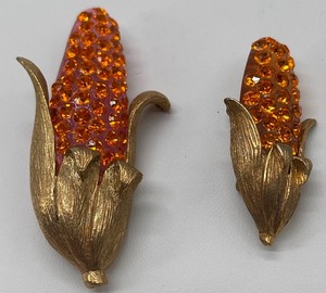 Forbidden Fruit Rhinestone and Lucite Brooches Gold Tone