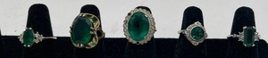 Lot of 5 Green Stone Glass Rings Sterling 18K GE