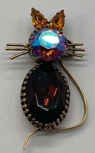 Regency Rhinestone Topaz Stone Cat Brooch