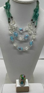 Triple Strand Crackle Bead and Crystal Necklace and Whimsical Enamel Ring