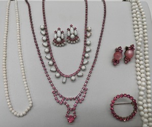 Pink Rhinestone and White Bead Jewelry Lot Vintage 7 PC One Matching Set