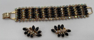 Aurora Borealis and Black Rhinestone Bracelet and Earring Set Gold Tone