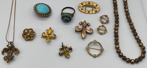 12 PC Brooch Ring Necklace Set Turquoise Robins Egg Blue Stones and Fleur Brooches