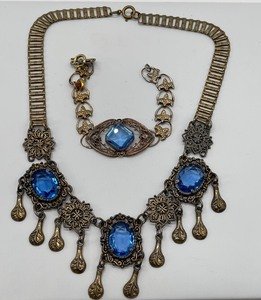 Victorian Revival Blue Crystal Brass Dangle Necklace and Bracelet