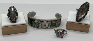 Abalone and Sterling Jewelry Lot Rings and Cuff Bracelet
