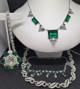 Trifari Silverone and Rhinestone Necklace and Unmarked Brooch