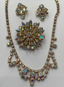 Vintage Aurora Borealis Gold Tone Brooch Necklace and Clip Earrings