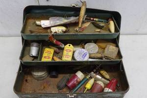 lot 12 image: Antique Tackle Box with Assorted Tackle