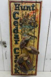 lot 24 image: Carved Wood Cedar Creek Hunt Sign