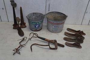 lot 229 image: Antique Cobbler Tools, Garden Rake, Meat Hook