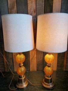 2 Vintage Amber Hobnail Glass Lamps