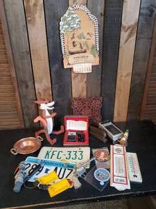 Lot of Misc Vintage License Plates Ag Supply Calander Lp-Gas Thermometer