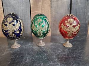 Lot of 3 Rare Vintage Russian Cut Glass Eggs On Stands
