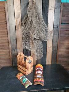 Tiki Bar Lot,  2 Tiki Masks, Picnic tray with Bottle opener and Fish Netting
