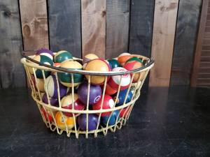 Large Basket of Vintage Pool Balls of all Sorts and Colors With Wire Egg Basket