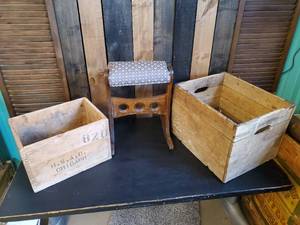 Vintage Rocking Footstool and 2 vintage Boxes one is a Hubbards wire Sewed Folding Box