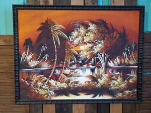 Awesome Super Large Vintage Tropical Painting on Canvas