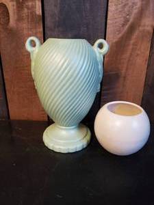2 Beautiful Haeger Planters one Small Haeger Orb And a Light Teal Green Planter with Footed Base&nbsp Super Cool