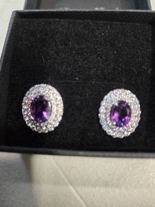 Gold Coast Platinum Plated Earrings  Purple Centerpiece with Sparkling Silver Accents  Brand New Sold online for $130.00