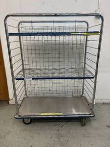lot 52 image: MFG Cari-All Stainless Steel 3-Tier Utility Storage Shelving Rack Case Cart - In Good Condition