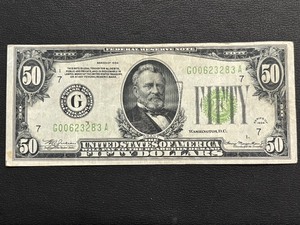 1934 Green Seal $50 Dollar Federal Reserve Note Double Zero
