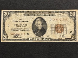 1929 Brown Seal $20 Dollar National Currency Philadelphia Low Serial Triple 0s