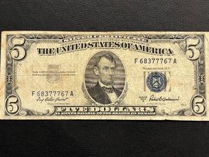 1953 A Blue Seal $5 Dollar Silver Certificate Triple 7s
