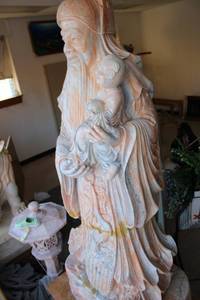 Large Vintage Carved Stone Statue of Deity with Child