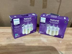 lot 447 image: LOT of 2 Philips Avent Natural Baby Bottle with Natural Response Nipple, Clear, 9oz, 3pk,