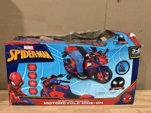 lot 468 image: Spiderman 6V Motorcycle Ride on Toy, for Kids, Ages 3, Rechargeable Battery, up to 65lbs